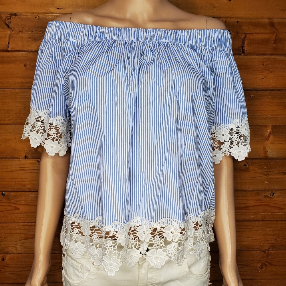 ❤️ KONTROL Off the shoulder  lace trim stripped fabric elastic Size XL